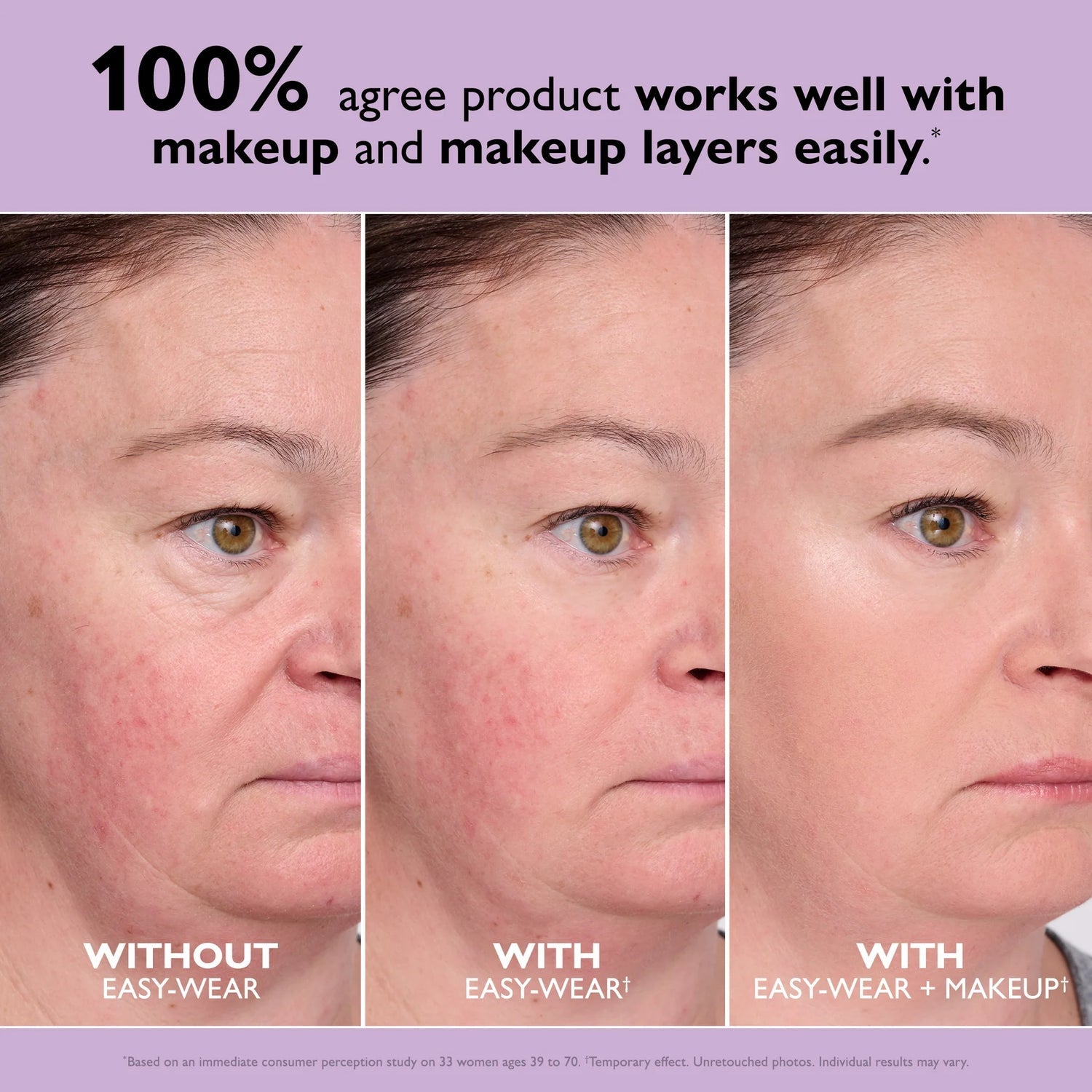 Appearance without product, with product, and with product plus makeup